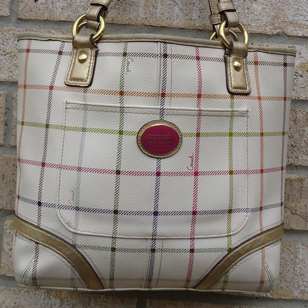 COACH Heritage Tattersall signature off white purse handbag.
